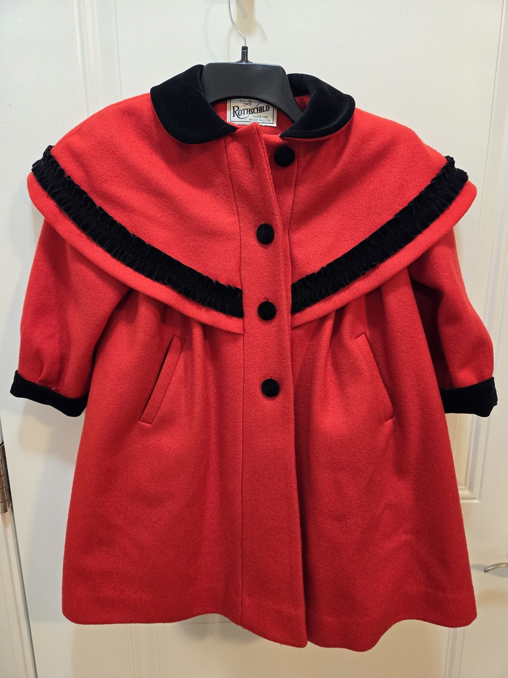 Rothschild Red Wool Cape Coat with Black Velvet Accents
